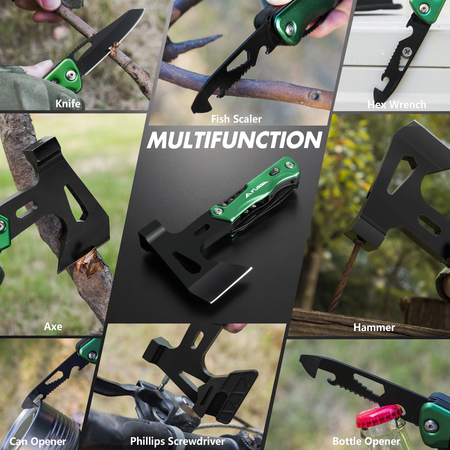 DF Tactical 14-in-1 Camping Axe Multitool – Stainless Steel Hatchet with LED Light for Hiking, EDC & Survival