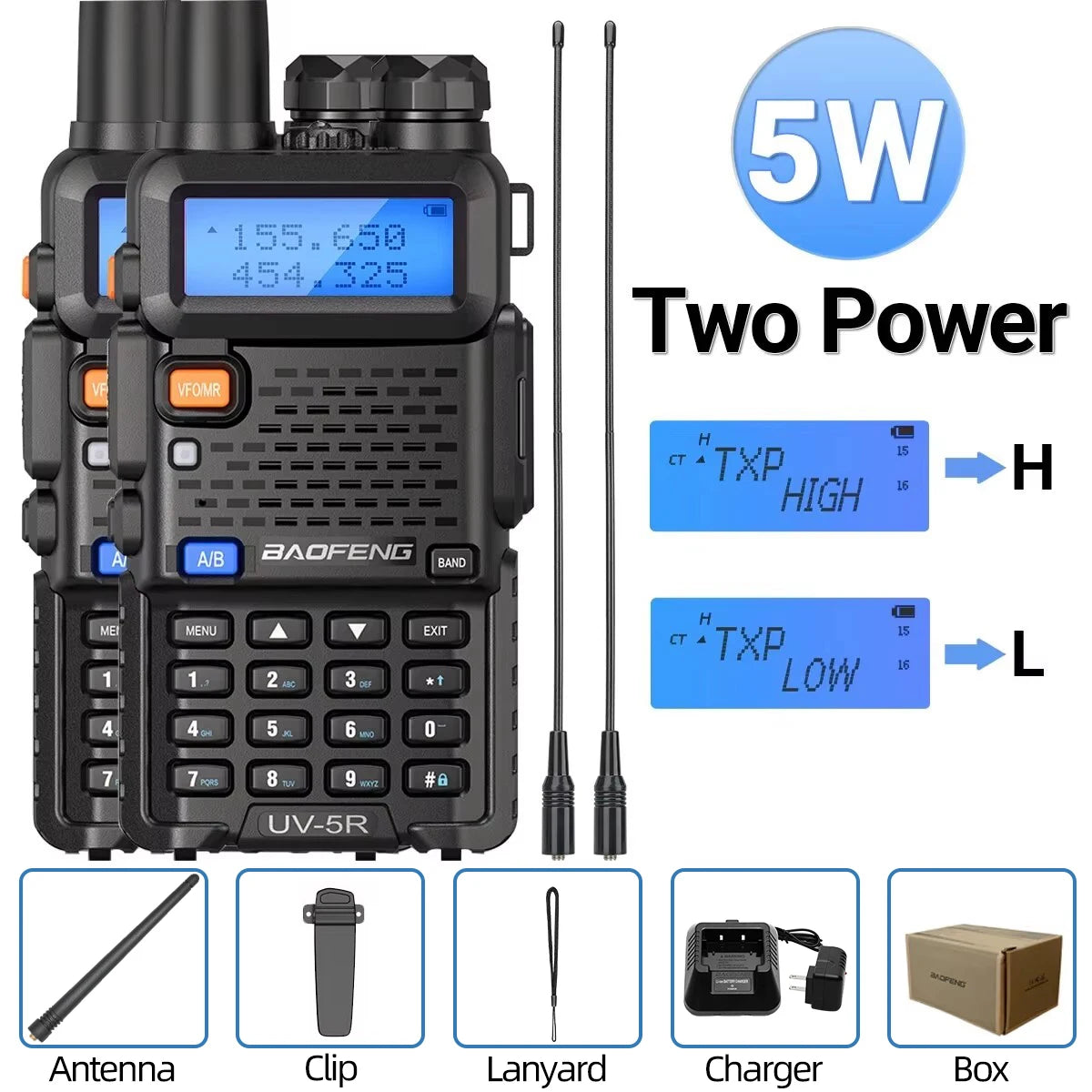 Baofeng UV-5R Two-Way Radio — 5W/8W, Dual Band VHF/UHF, Ham & CB, 1 or 2 Pack