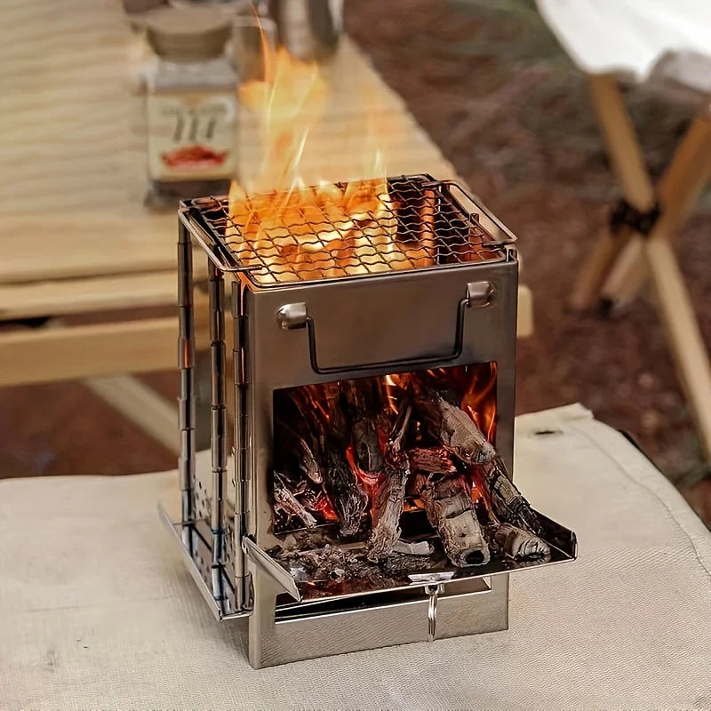 Estufa de leña plegable portátil – Estufa de camping de acero inoxidable con parrilla de carbón y fogata para barbacoa