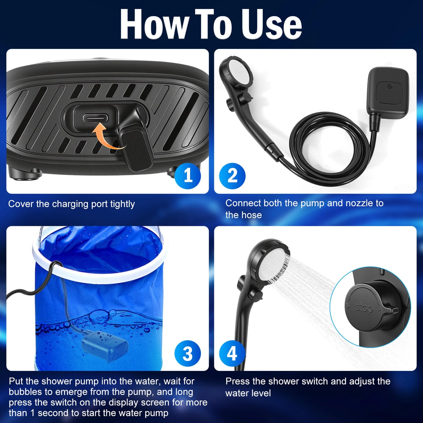 Kit de ducha de camping recargable – Batería de 2400 mAh con pantalla LCD de temperatura y energía para uso en exteriores