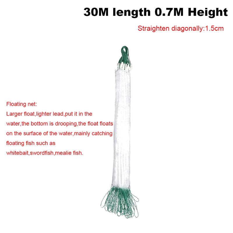 Red de pesca de monofilamento – Red flotante de nailon transparente para supervivencia y pesca en agua dulce (8–30m)