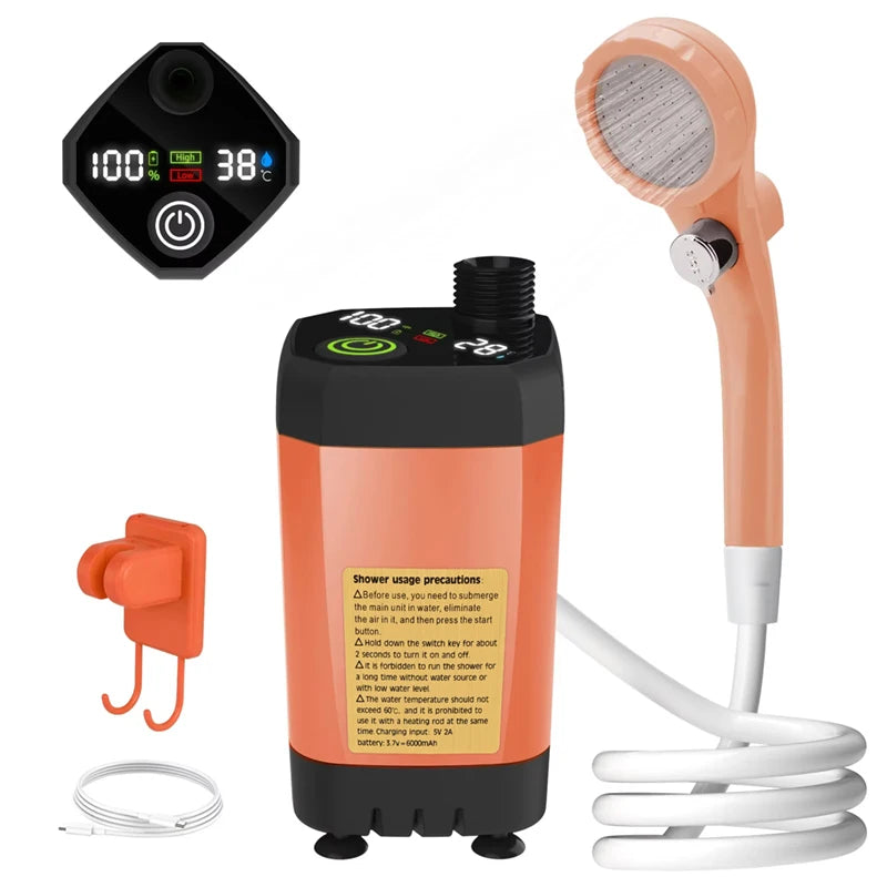 Bomba de ducha portátil para camping – Batería de 6000 mAh con pantalla digital para camping, caravanas y uso exterior