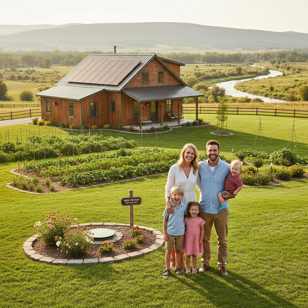 Happy family at well-maintained homestead