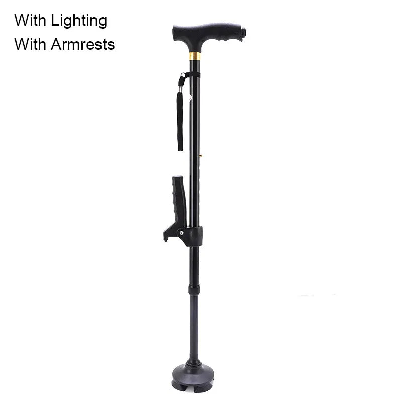 Multifunctional Telescopic Walking Cane – LED Light, Foldable Armrest & Anti-Slip Base