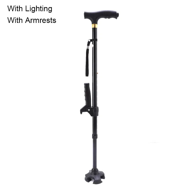 Multifunctional Telescopic Walking Cane – LED Light, Foldable Armrest & Anti-Slip Base