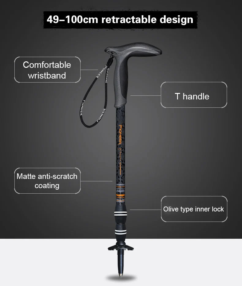 Walking Stick Short Carbon Fibers T-handle 49-100cm Adjustable 3 Section Inner Lock Mountain-climbing Crutch Outdoor Hiking