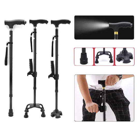 Multifunctional Telescopic Walking Cane – LED Light, Foldable Armrest & Anti-Slip Base