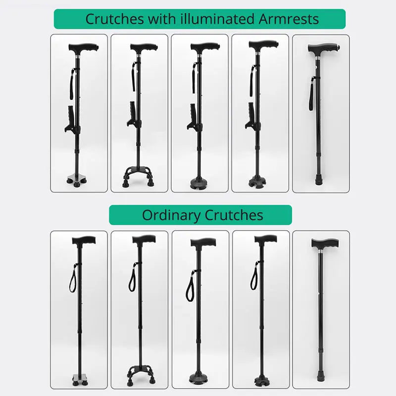 Multifunctional Telescopic Walking Cane – LED Light, Foldable Armrest & Anti-Slip Base