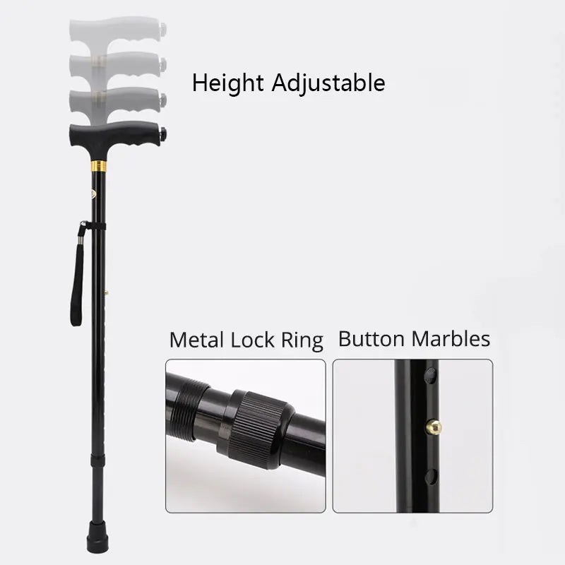 Multifunctional Telescopic Walking Cane – LED Light, Foldable Armrest & Anti-Slip Base