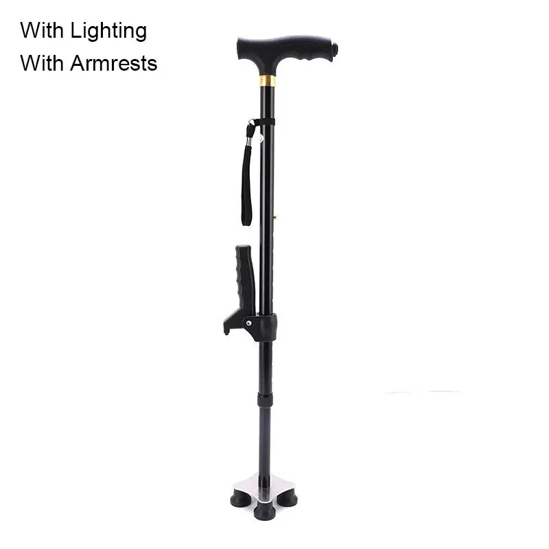 Multifunctional Telescopic Walking Cane – LED Light, Foldable Armrest & Anti-Slip Base