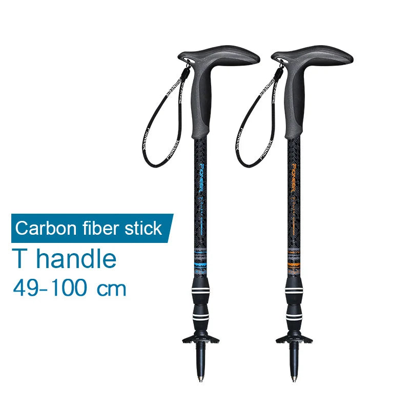 Walking Stick Short Carbon Fibers T-handle 49-100cm Adjustable 3 Section Inner Lock Mountain-climbing Crutch Outdoor Hiking