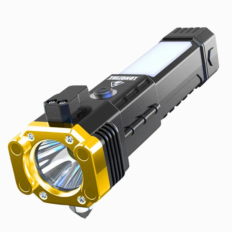 Linterna táctica con zoom – Herramienta de emergencia 5 en 1 con martillo de seguridad, cortador de cinturón de seguridad y carga tipo C