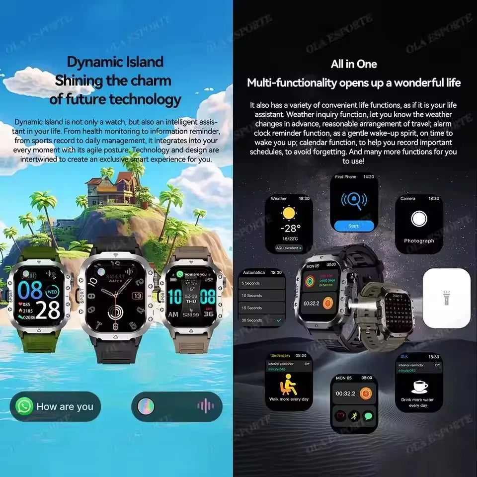Military GPS Smart Watch – 2.01" AMOLED Bluetooth Call Flashlight 3ATM Waterproof Sports Smartwatch for Men
