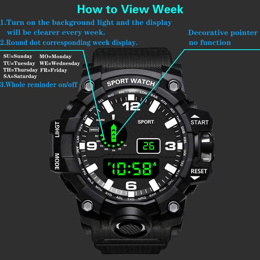 Men's Military Sports Watch – Large Dial Multifunctional Waterproof Luminous Alarm Digital Wristwatch for Men & Kids