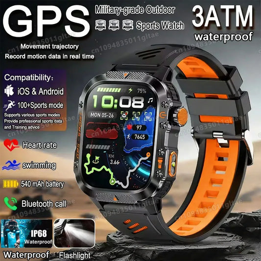 Military Smart Watch – GPS Flashlight 3ATM Waterproof Bluetooth Call 100+ Sport Modes Outdoor Smartwatch for Men