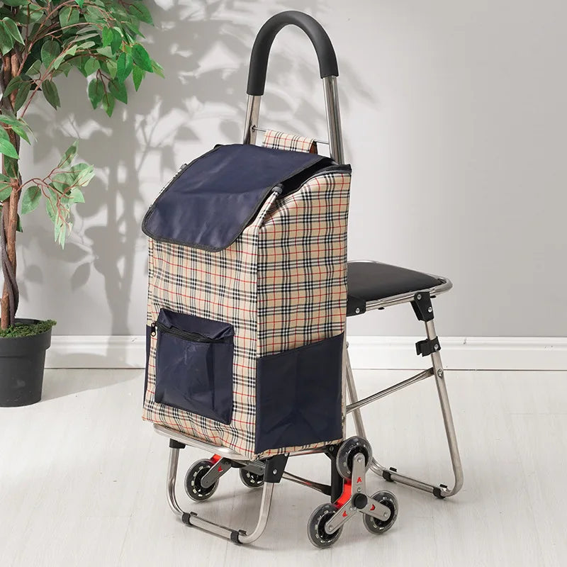 Carrito Plegable de 3 Ruedas con Asiento – Carrito de Compras para Subir Escaleras para Personas Mayores y Uso en Exteriores (Gris, Marrón, Rojo)