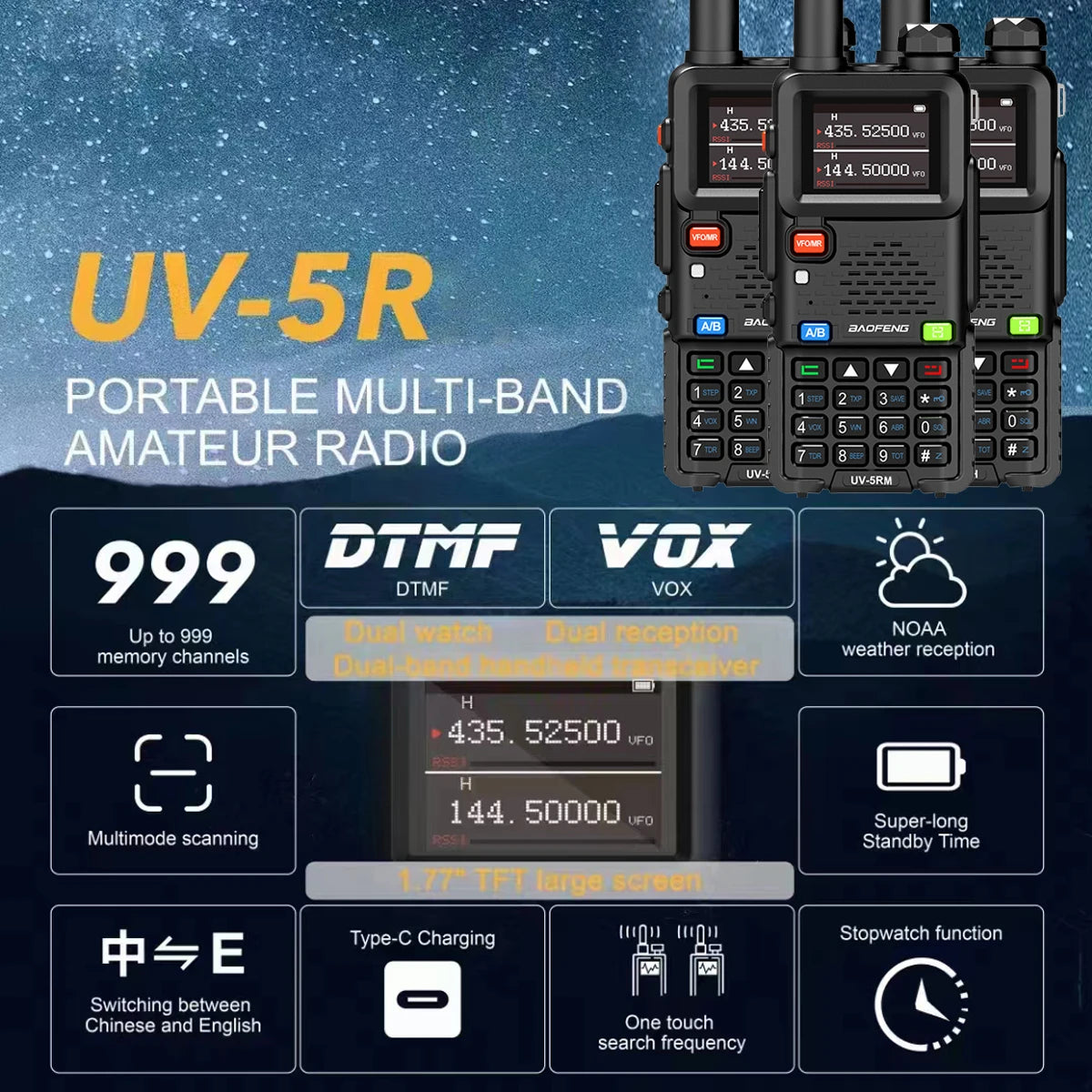 Baofeng 5RM 10W Ham Radio — NOAA Weather, Rechargeable, Upgrade of UV-5R