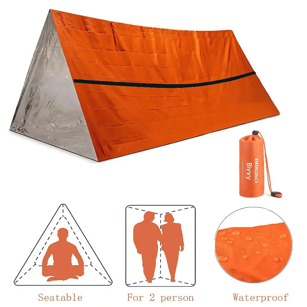 2-Person Emergency Survival Shelter – Waterproof Mylar Bivy Tent & Thermal Sleeping Bag with SOS Whistle