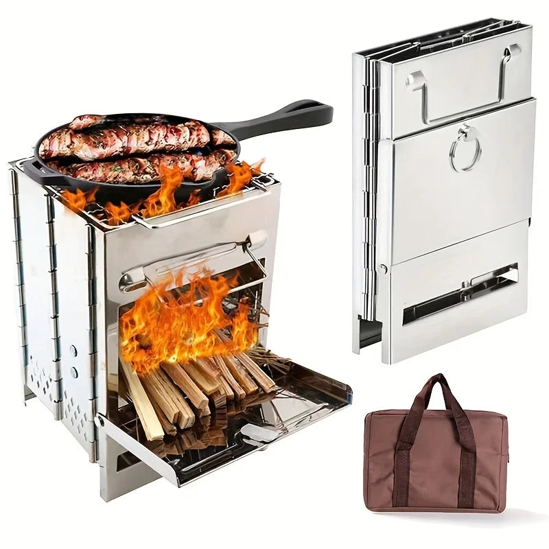 Estufa de leña plegable portátil – Estufa de camping de acero inoxidable con parrilla de carbón y fogata para barbacoa