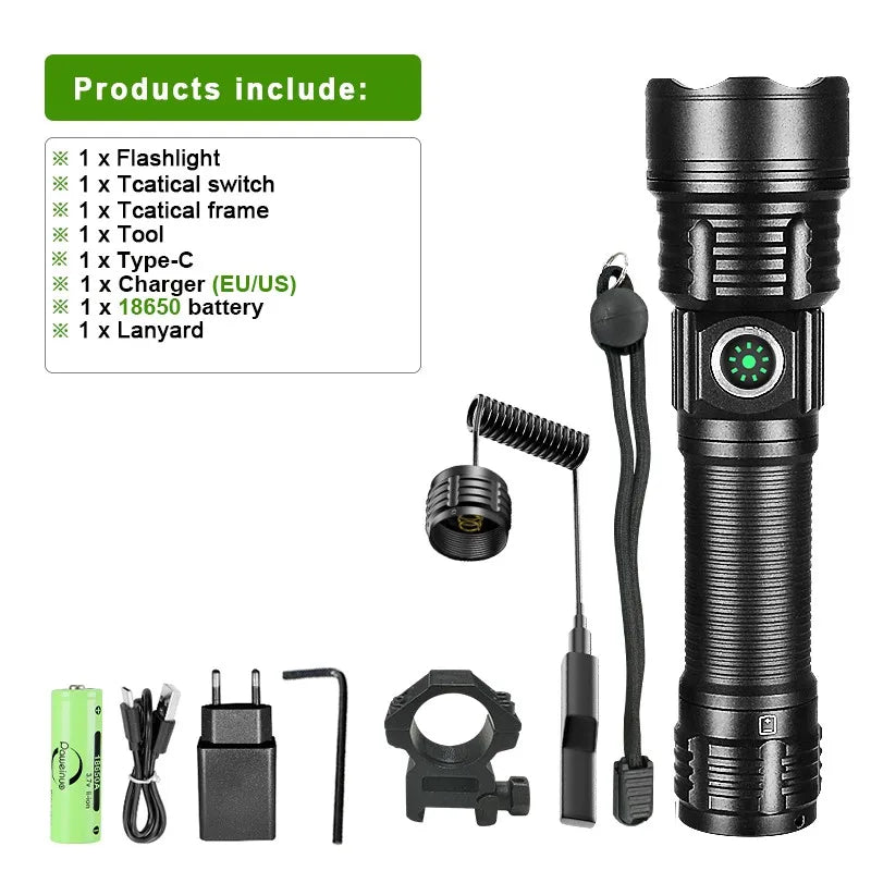 LED Tactical Military Flashlight High Power Rechargeable USB 18650 Torch Light Self Defense Hunting Night Scout Zoom Flashlights