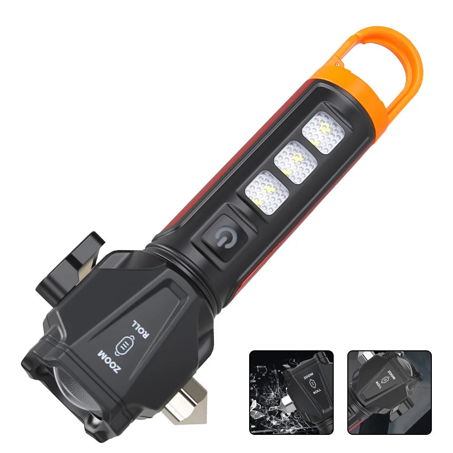 Tactical LED Flashlight – Emergency Defense Torch with Safety Hammer, Seatbelt Cutter & Strobe Mode for Survival & Car Safety