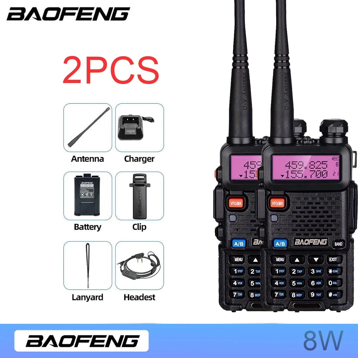 Baofeng Two-Way Radio 2-Pack — 5W/8W High Power, Dual Band, Long Range