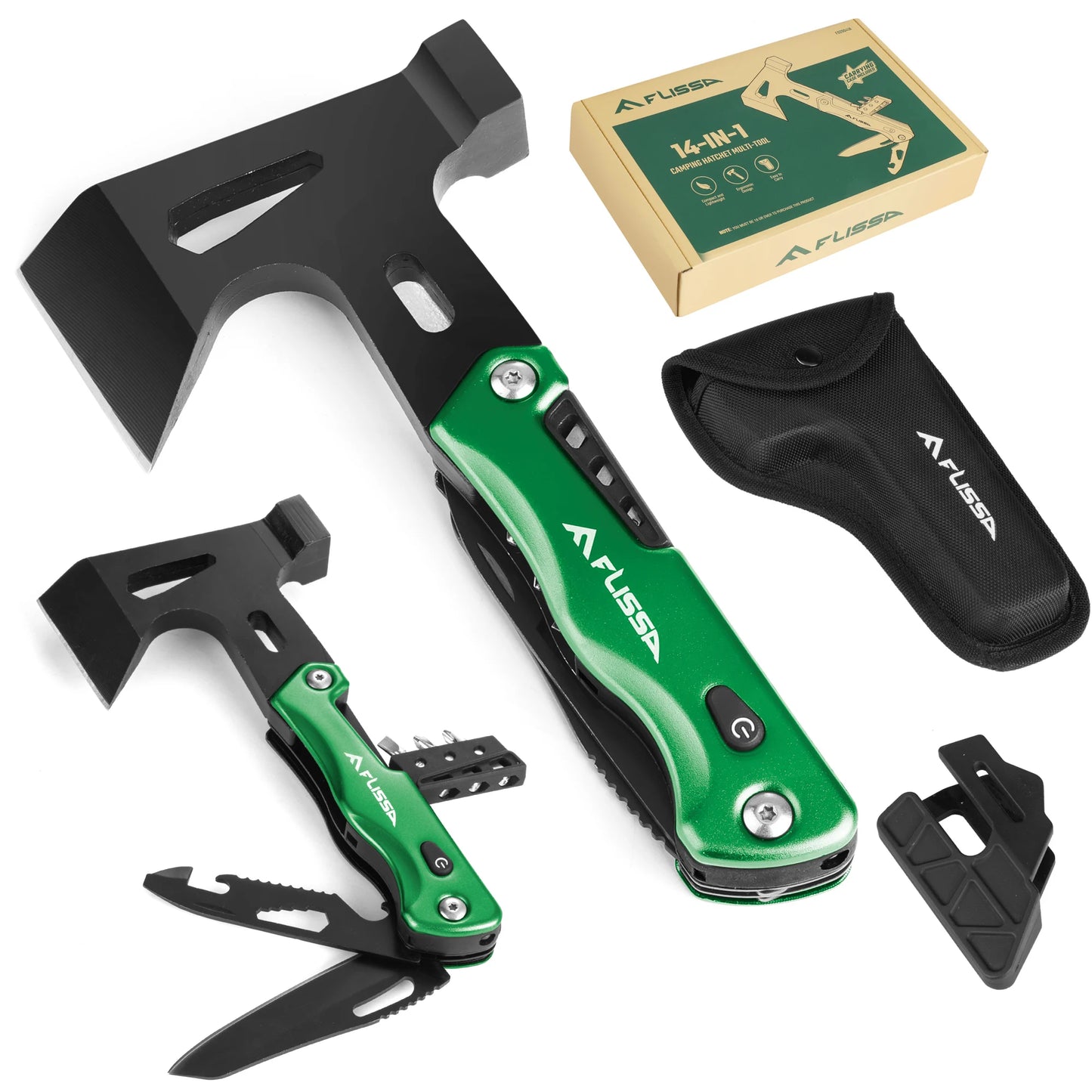DF Tactical 14-in-1 Camping Axe Multitool – Stainless Steel Hatchet with LED Light for Hiking, EDC & Survival