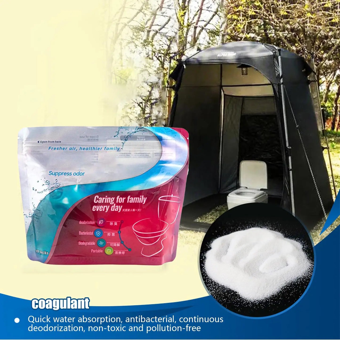 Polvo Gelificante para Residuos de Inodoros Portátiles – Solidificador de Líquidos y Neutralizador de Olores para Inodoros de Camping y Emergencia (Paquete de 30)