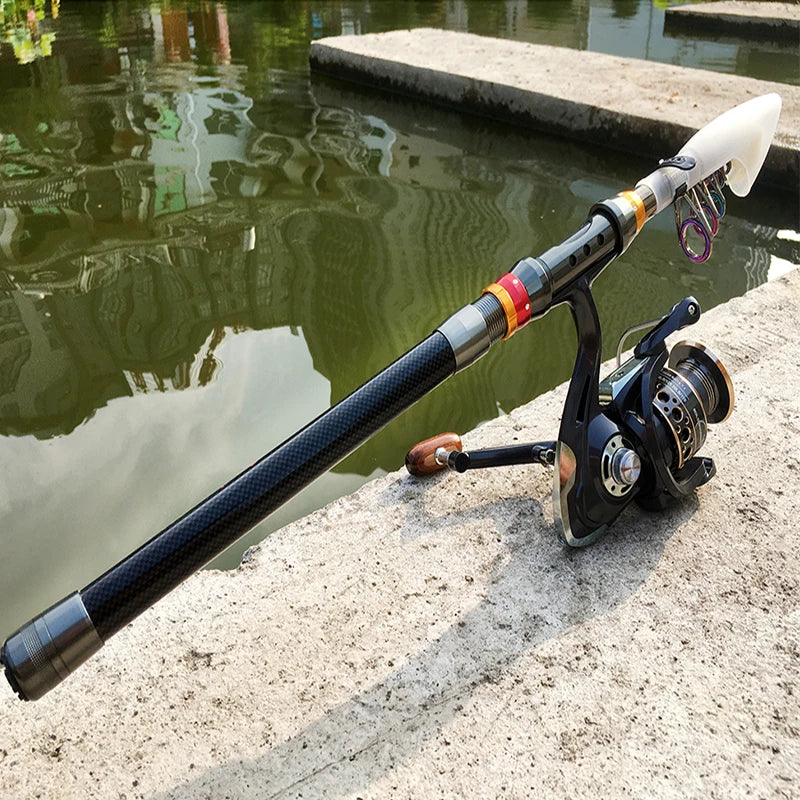 Canne à pêche télescopique et moulinet – Canne à pêche spinning en fibre de carbone 1,8-3,6 m avec ligne pour la pêche à la basse et à la carpe
