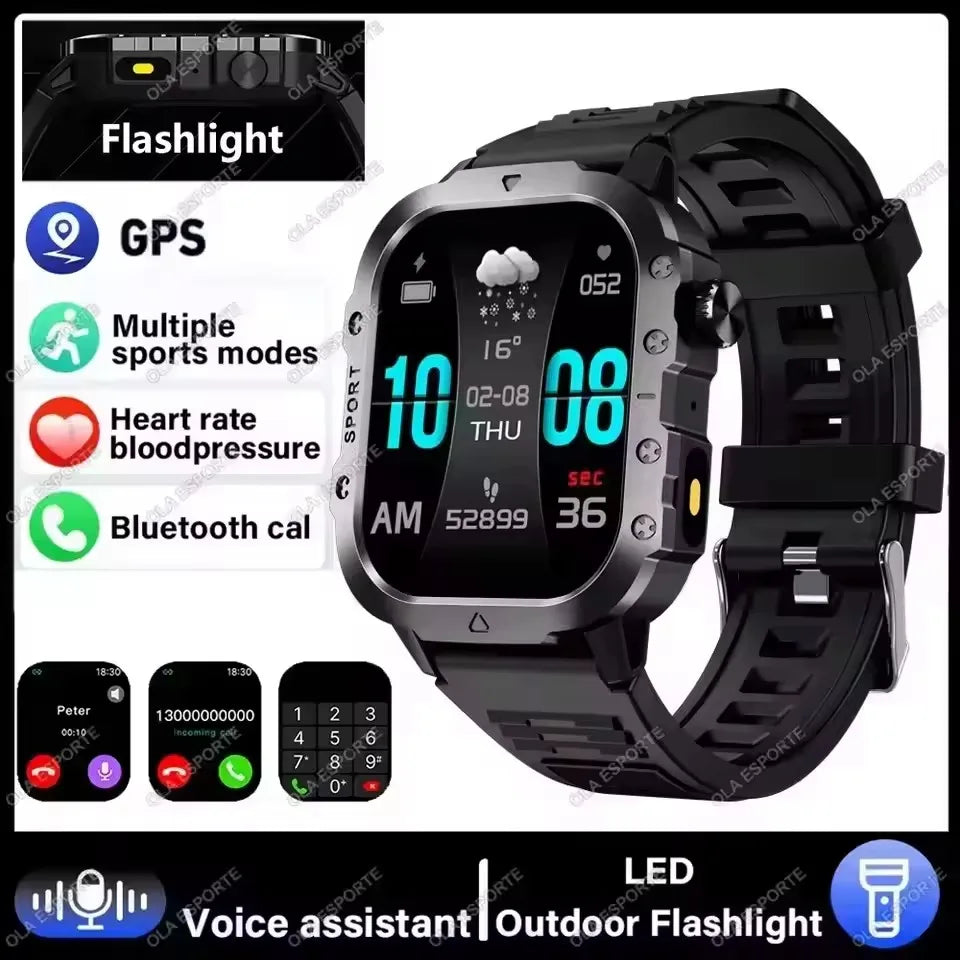 Military GPS Smart Watch – 2.01" AMOLED Bluetooth Call Flashlight 3ATM Waterproof Sports Smartwatch for Men