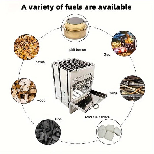 Portable Folding Wood Stove – Stainless Steel Camping Stove with Charcoal Grill & BBQ Fire Pit