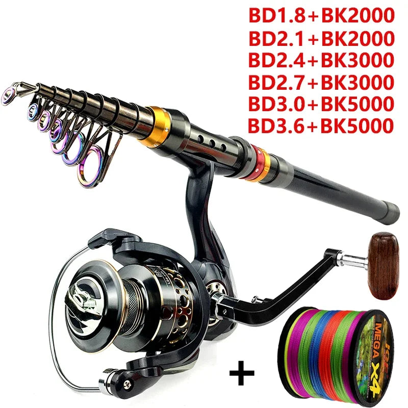 Canne à pêche télescopique et moulinet – Canne à pêche spinning en fibre de carbone 1,8-3,6 m avec ligne pour la pêche à la basse et à la carpe