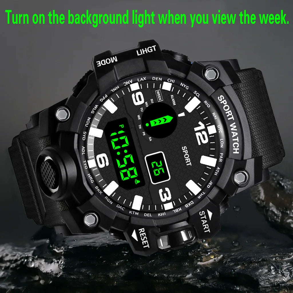 Men's Military Sports Watch – Large Dial Multifunctional Waterproof Luminous Alarm Digital Wristwatch for Men & Kids