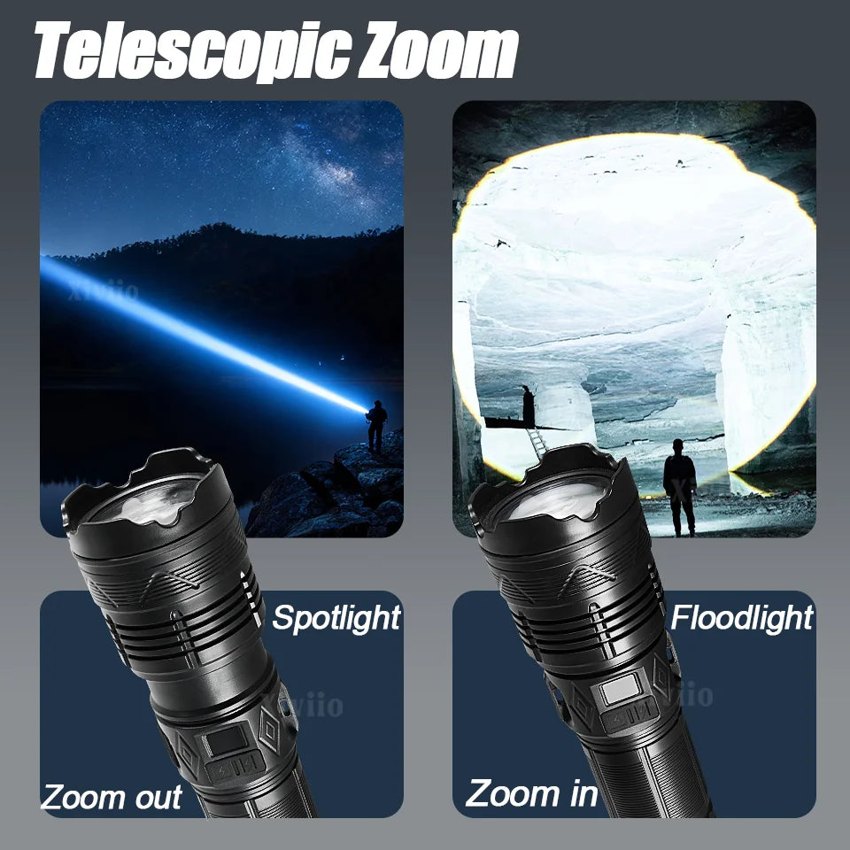 Linterna táctica LED — Linterna de mano con zoom recargable por USB para camping y supervivencia
