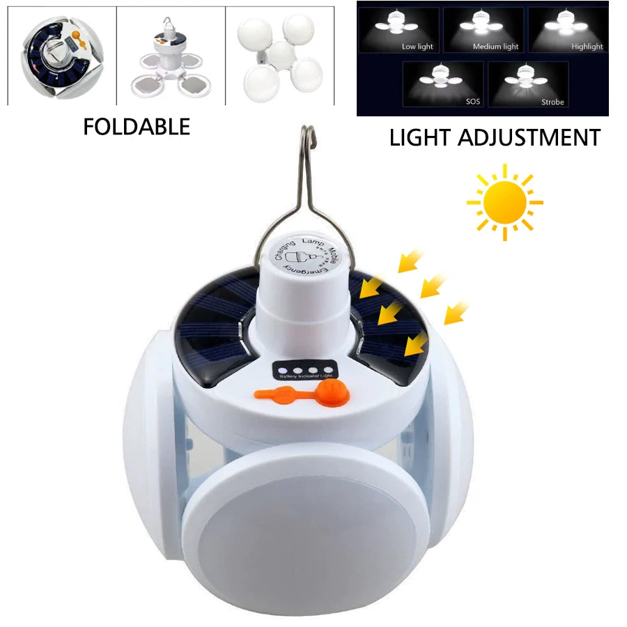 Linterna de camping recargable solar y USB – Luz LED plegable de 500 lúmenes con 6 modos y carga de teléfono para camping y emergencias