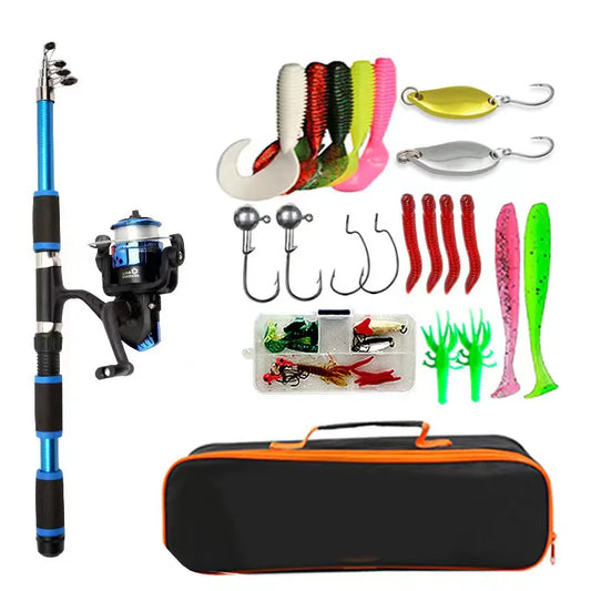 Telescopic Fishing Rod & Reel Combo – Full Kit with Spinning Reel, Baits & Hooks for Travel & Outdoor Fishing