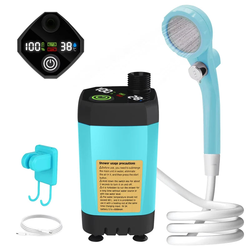 Bomba de ducha portátil para camping – Batería de 6000 mAh con pantalla digital para camping, caravanas y uso exterior