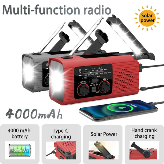 4000mAh Emergency Solar Radio – FM/AM, Flashlight, SOS Alarm & USB Rechargeable