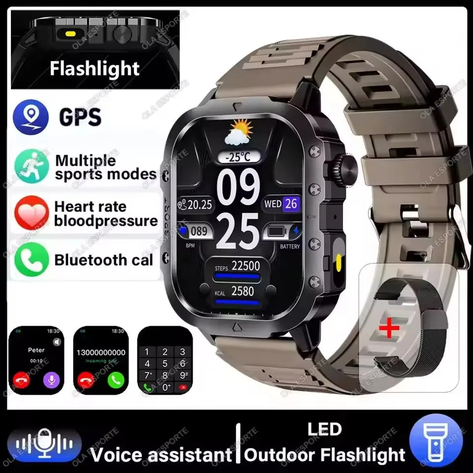 Military GPS Smart Watch – 2.01" AMOLED Bluetooth Call Flashlight 3ATM Waterproof Sports Smartwatch for Men