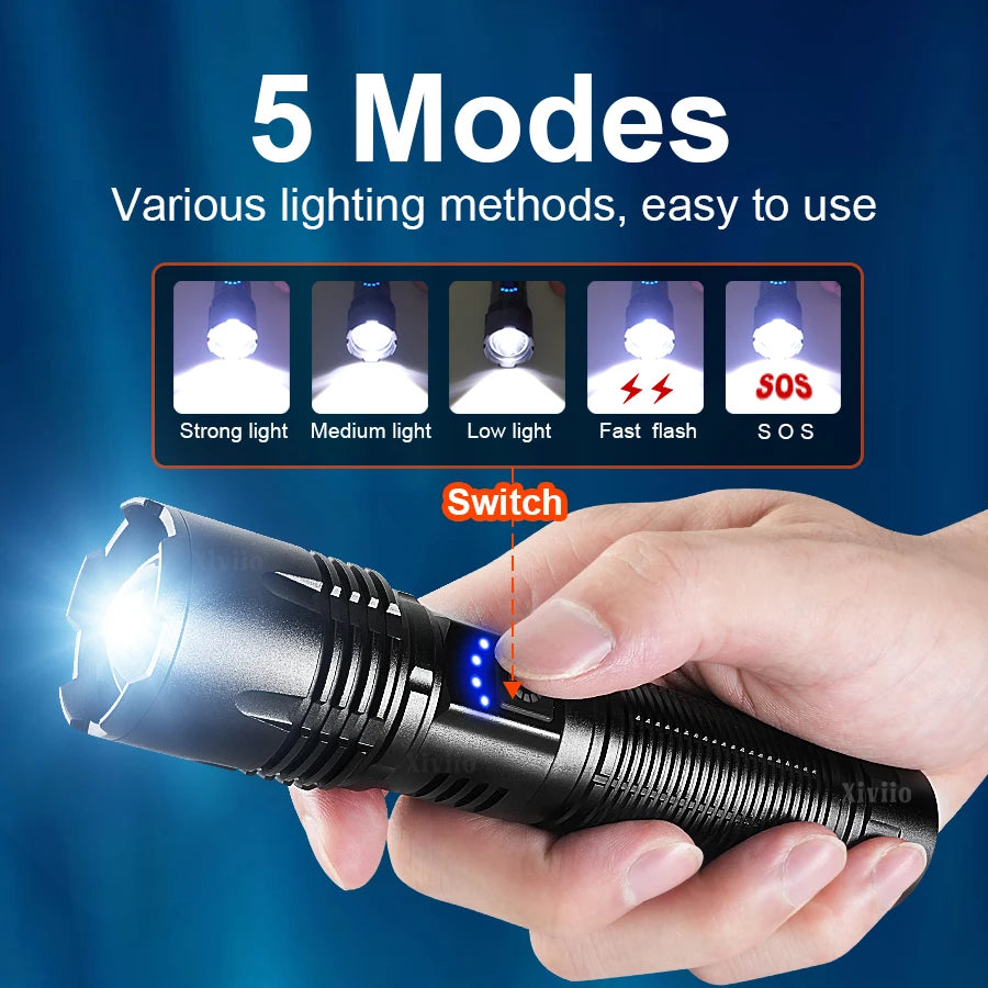 990000000LM LED Strong Light Flashlight Portable Rechargeable Lamp Built-in Battery Long Range Tactical Lantern Outdoor Lights