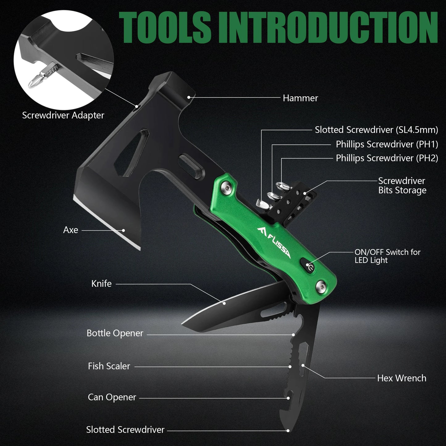 DF Tactical 14-in-1 Camping Axe Multitool – Stainless Steel Hatchet with LED Light for Hiking, EDC & Survival
