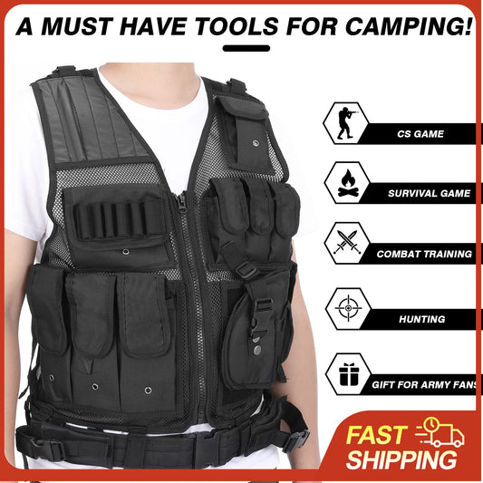 Tactical Vest – Nylon Adjustable Multi-Pocket Vest for Hunting, Camping, Hiking & Airsoft