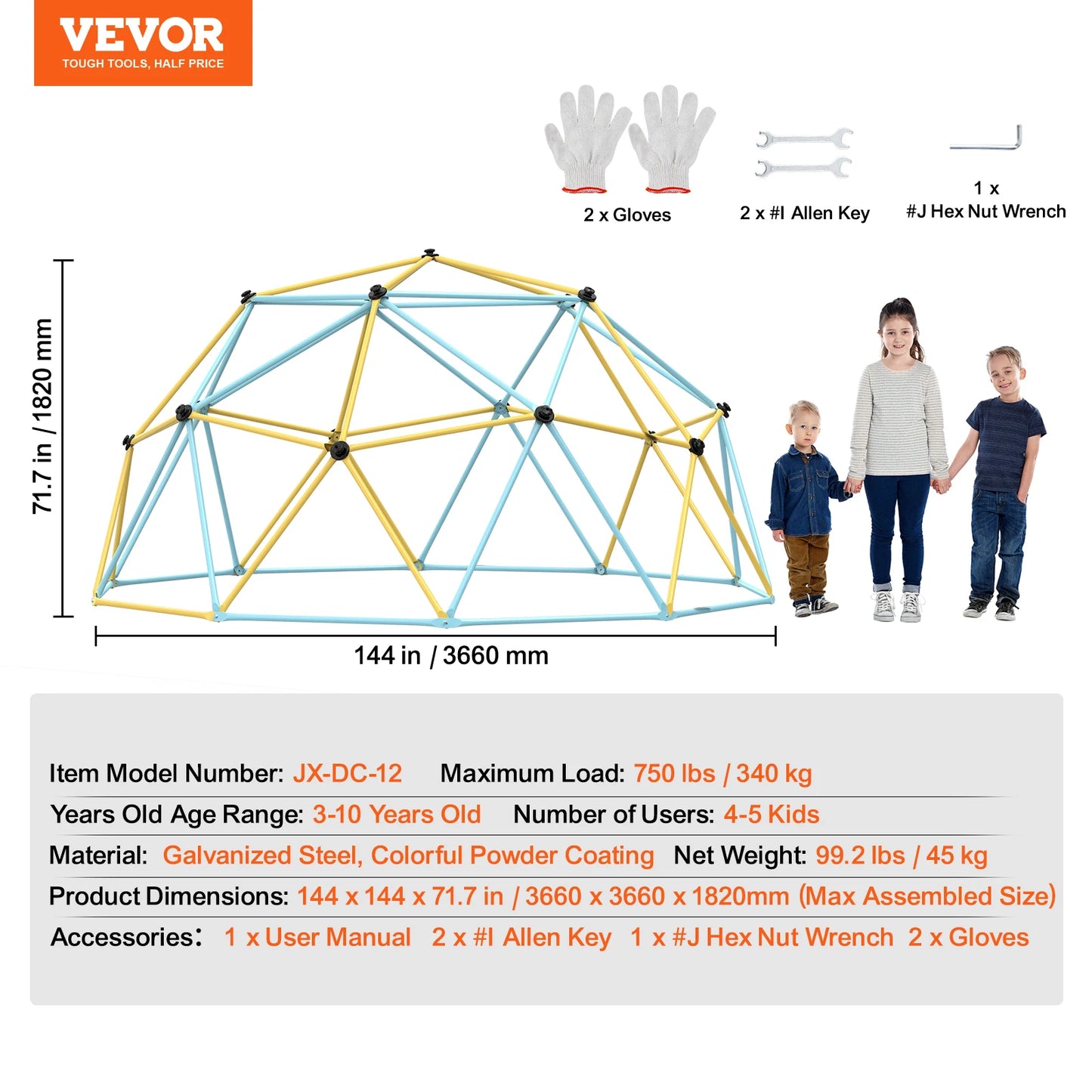 Geometric Climbing Dome — 6/8/10/12 FT, Jungle Gym with Hammock Swing