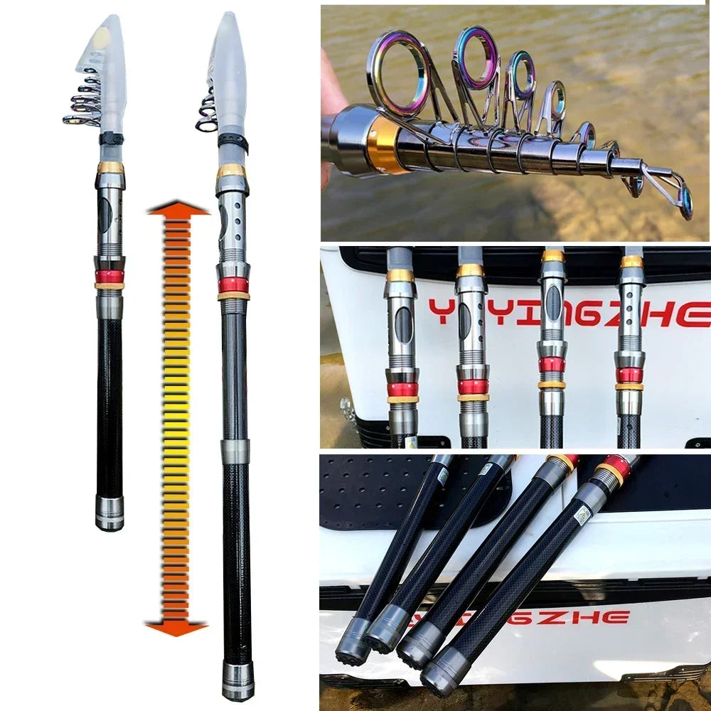 Canne à pêche télescopique et moulinet – Canne à pêche spinning en fibre de carbone 1,8-3,6 m avec ligne pour la pêche à la basse et à la carpe