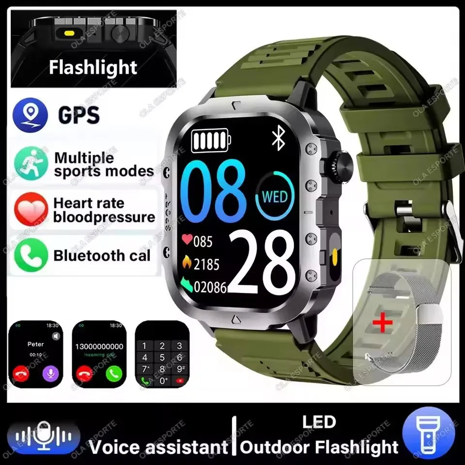 Military GPS Smart Watch – 2.01" AMOLED Bluetooth Call Flashlight 3ATM Waterproof Sports Smartwatch for Men