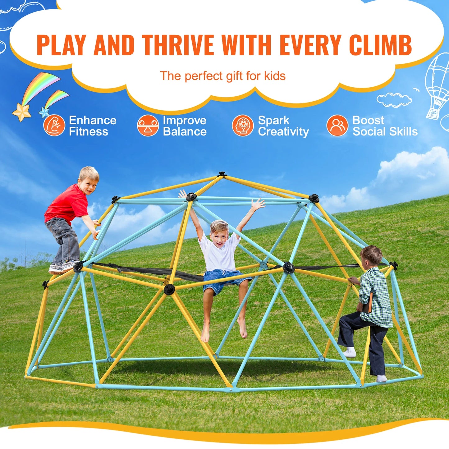 Geometric Climbing Dome — 6/8/10/12 FT, Jungle Gym with Hammock Swing