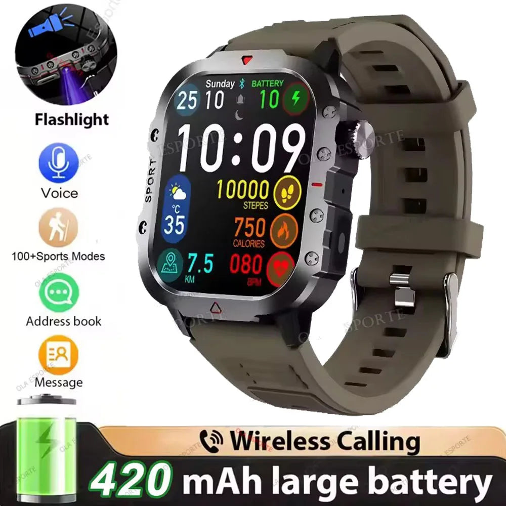 Military Smart Watch – GPS Flashlight 3ATM Waterproof Bluetooth Call 100+ Sport Modes Outdoor Smartwatch for Men