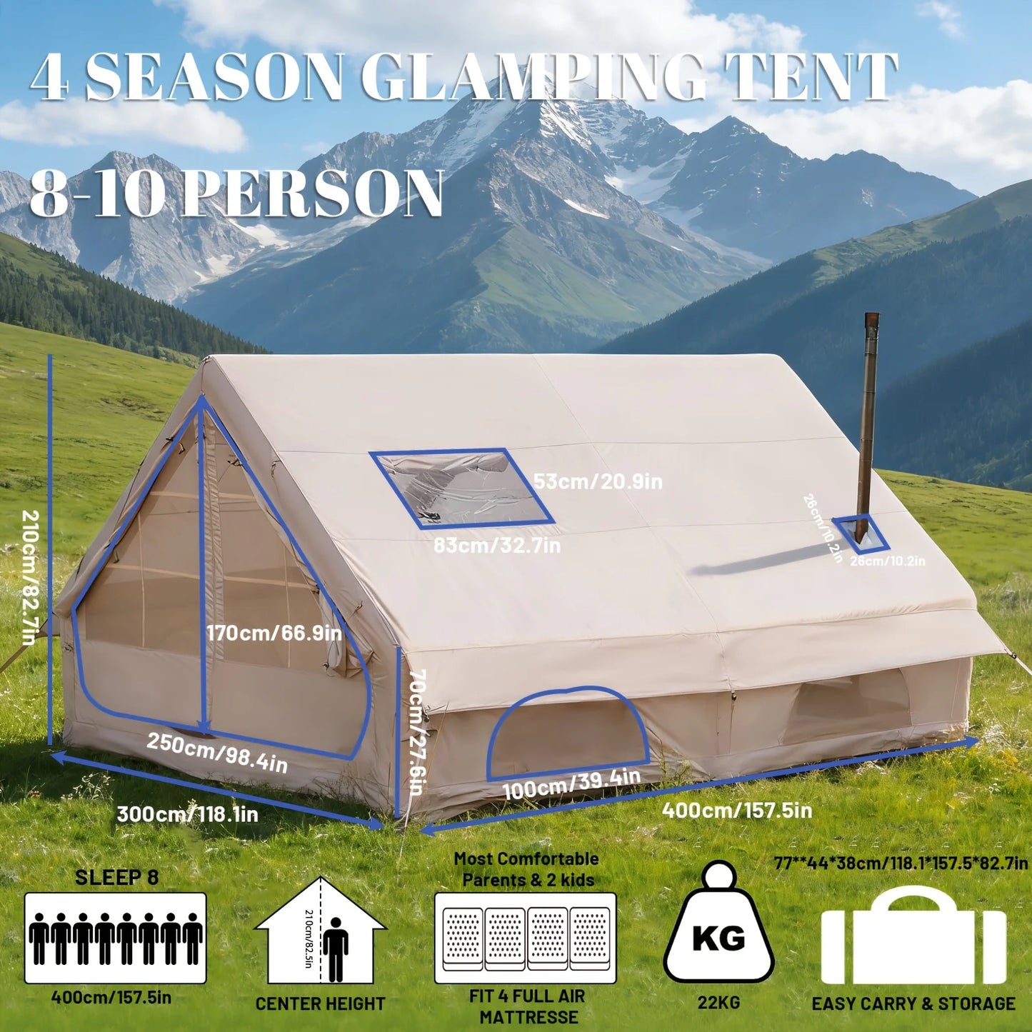PAKICETUS Inflatable Camping Tent – 4–8 Person All-Season Glamping Shelter with Skylight & Quick 3-Min Setup