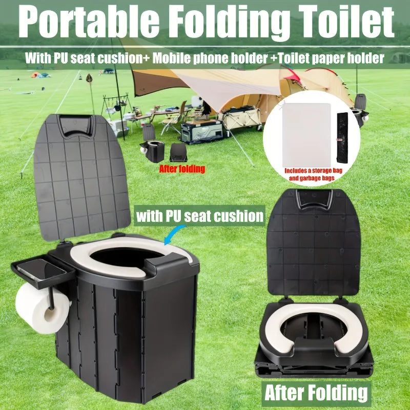 Inodoro Plegable Portátil con Asiento y Tapa de PU – Orinal para Acampar, Vehículos Recreativos, Automóviles y Viajes de Emergencia