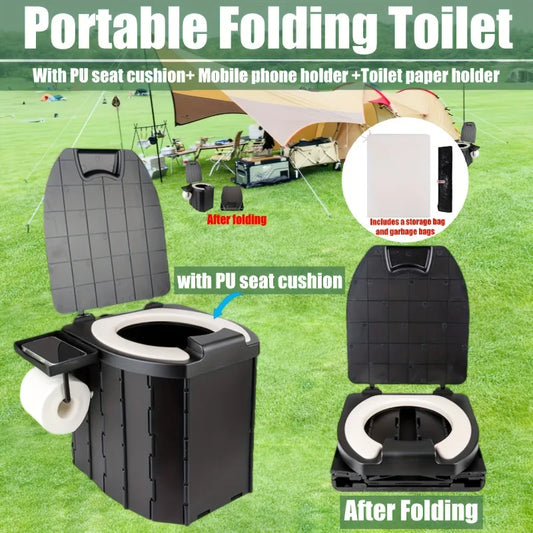 Portable Folding Toilet with PU Seat Cushion & Lid – Camping, RV, Car & Emergency Travel Potty